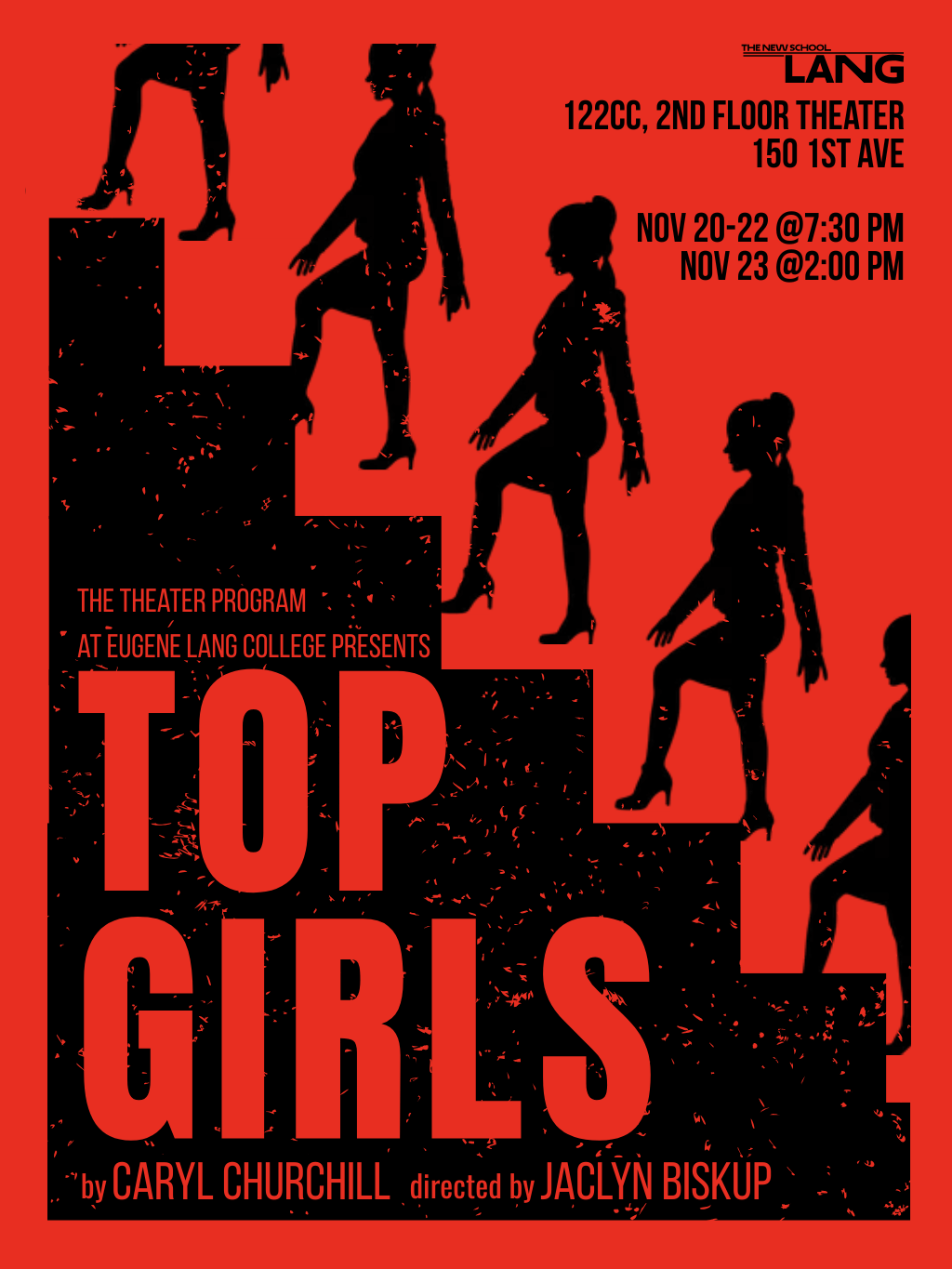 A group of four students dancing and leaping across a stage. They are wearing shiny, metallic pants and T-shirts..