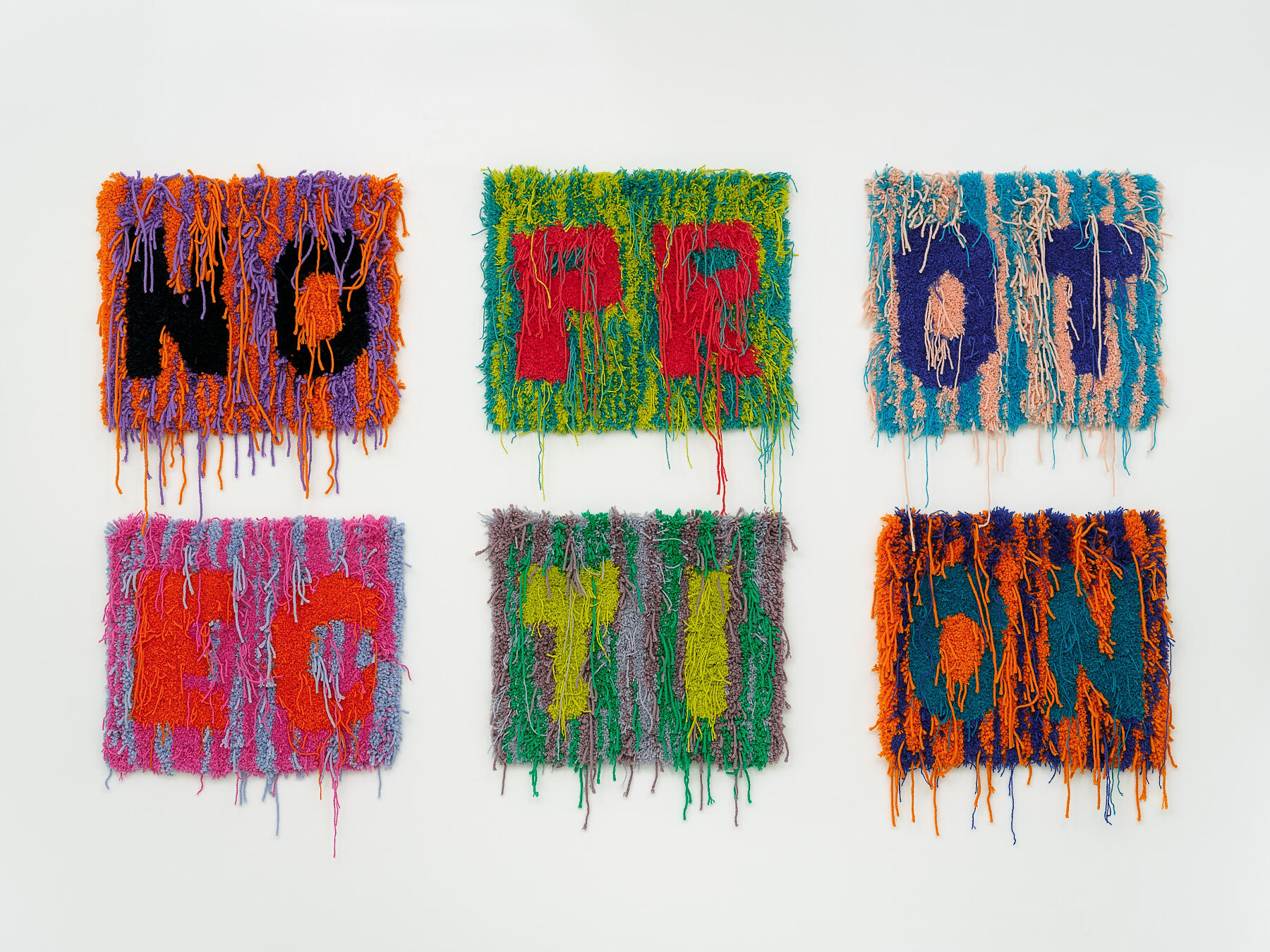 Raisa Kabir, NO PROTECTION, 2020, Tufted wool yarn, 6 panels 20 x 24 x 4 inches each.