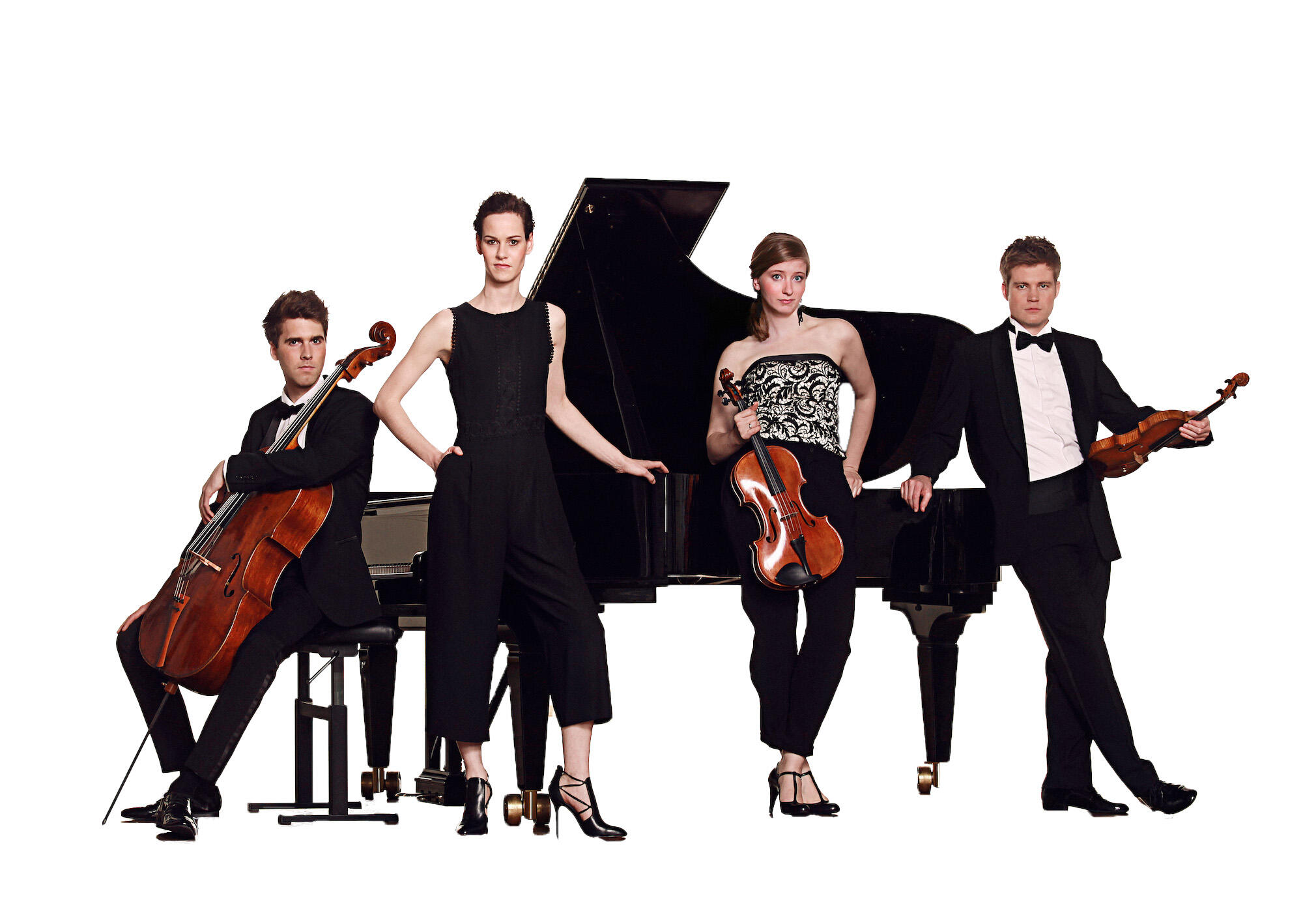 On the right side of the image, members of the Ivalas Quartet stand in a diagonal line, dressed in formal wear, standing in a vast moutain-side field