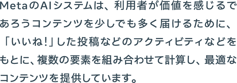 MetaのAIシステムは、利用者が価値を感じるであろうコンテンツを少しでも多く届けるために、「いいね！」した投稿などのアクティビティなどをもとに、複数の要素を組み合わせて計算し、最適なコンテンツを提供しています。
