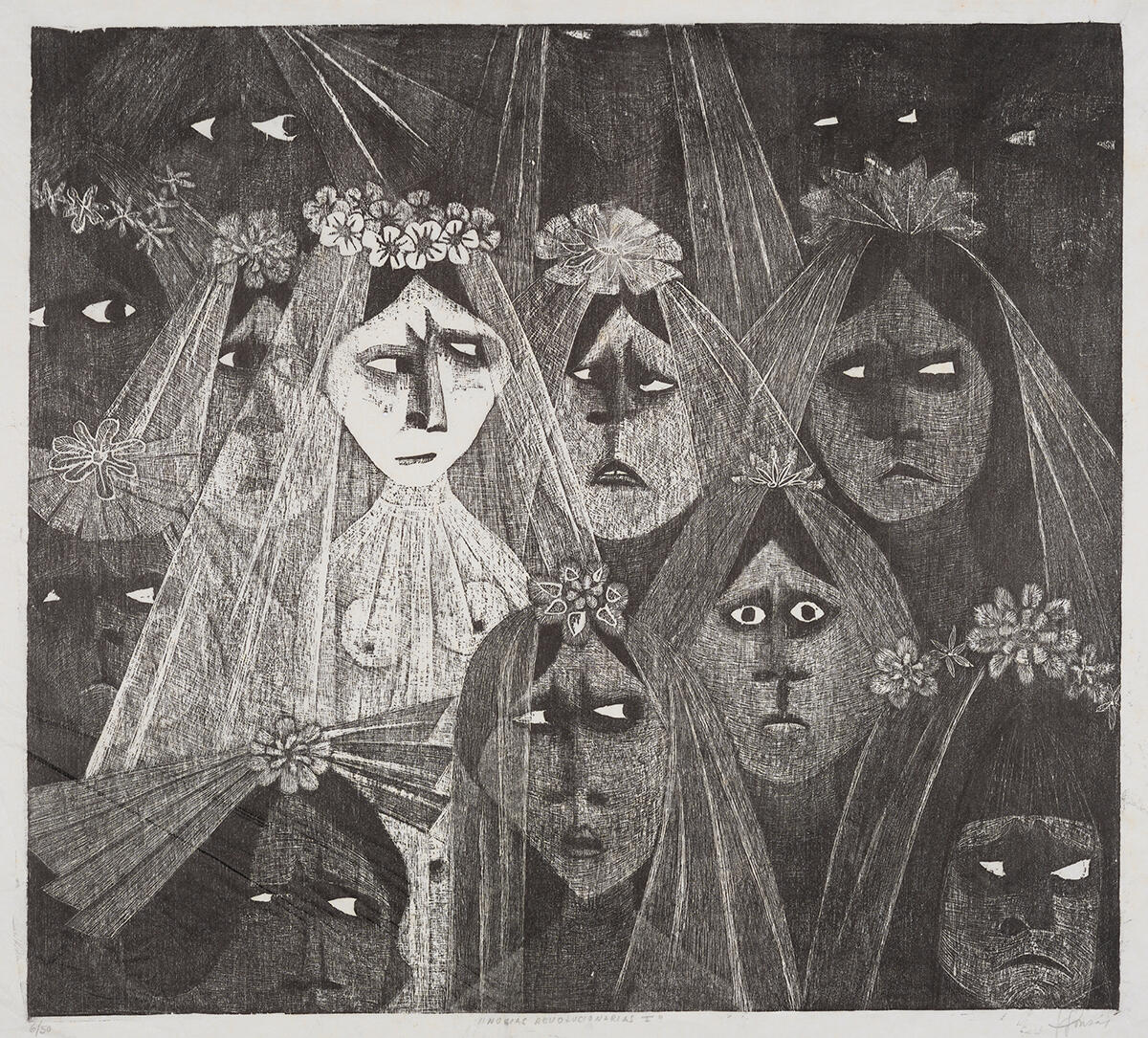 A grainy black and white image of a group of women wearing bridal veils. Their faces express suspicion, indifference, defiance, and apprehension.
