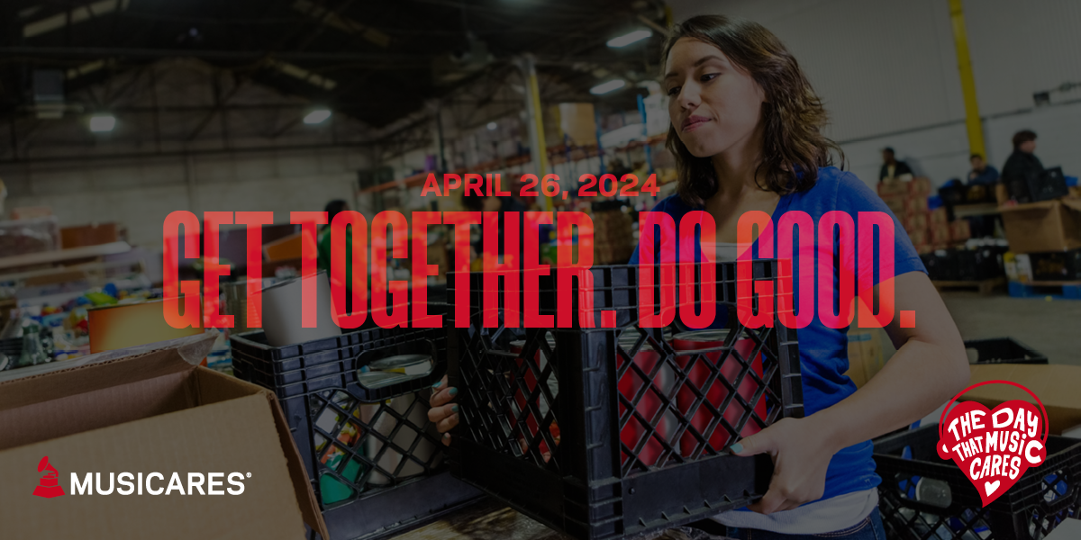 Image of a young woman lifting and organizing crates of supplies. Over the image is the text Get Together. Do Good. The MusiCares logo is in the bottom left corner and The Day That Music Cares logo is in the bottom right corner. The date of April 26, 2024 is listed.