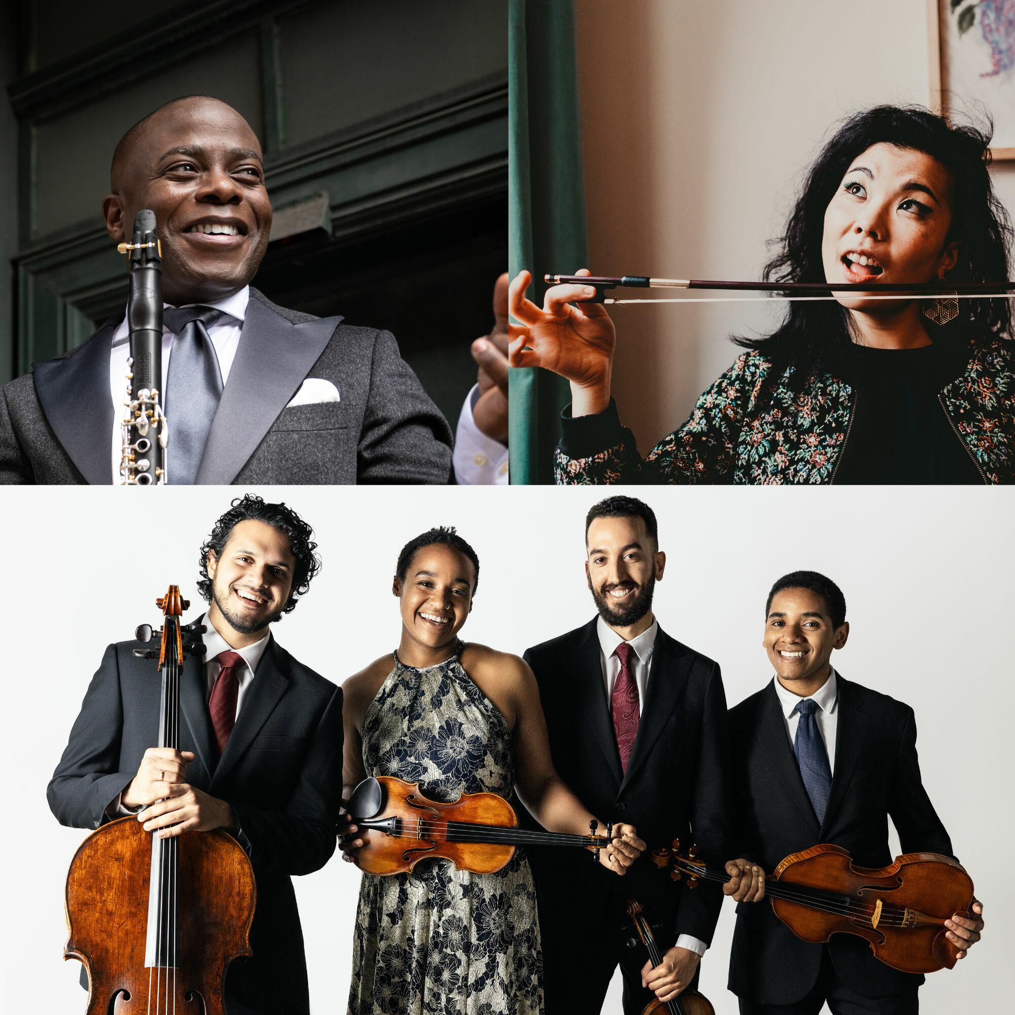 Collage Imange. Top L-smiling Anthony McGill (black man) wearing stylish dark gray suit with satin lapels and satin tie, looks and gestures to his left, holding a clarinet; Top. R. Ayane Kozasa (Asian woman) wearing a black jacket that is colorfully embroidered with flowers, holds a bow and glances up to her right. Bottom. Wearing formal outfits, the smiling members of Ivalas Quartet (l. to r. Latino man, black woman, MENA man, black man) stand before a light grey background holding their instruments.