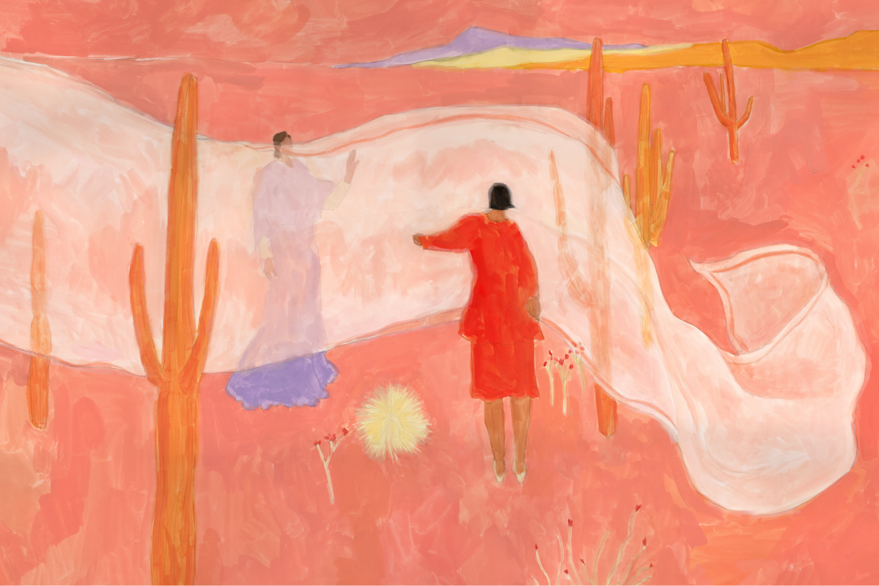 Two figures stand on either side of a flowing piece of sheer fabric, reaching a hand towards each other. They are surrounded by cacti and mountains. | Dos figuras se paran a cada lado de una pieza de tela traslúcida vaporosa, extendiendo una mano hacia la otra. Están rodeados de cactus y montañas.