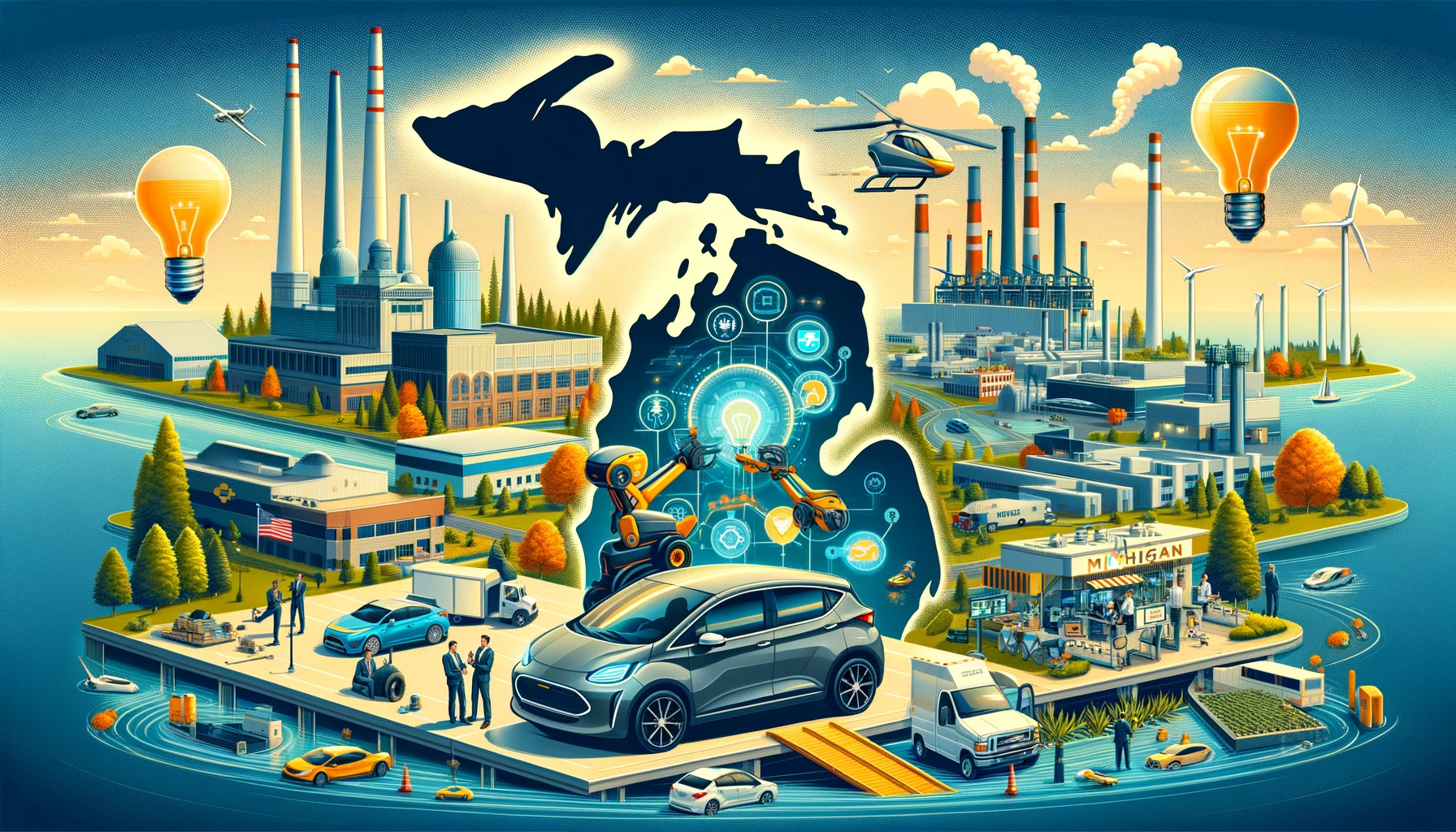 Ai image of state of Michigan surrounded by EVs and factories