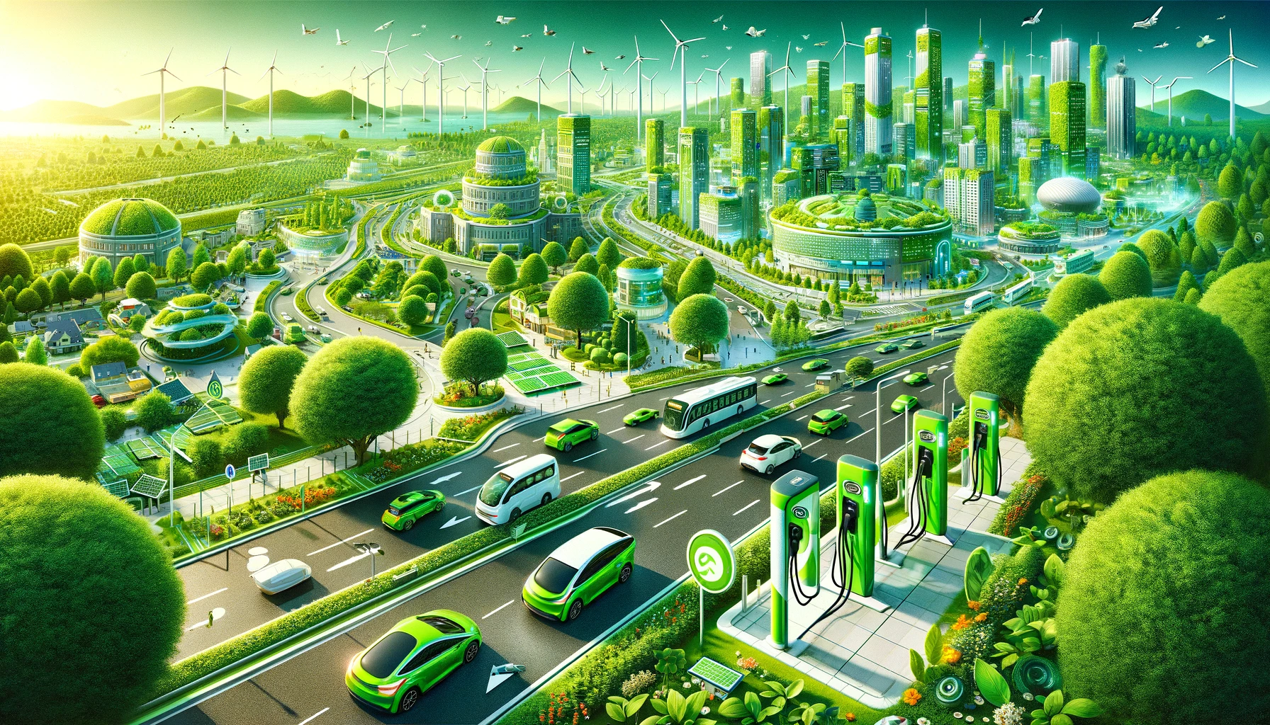 AI image of a green city, with EVs, chargers, trees, wind turbines, and buildings