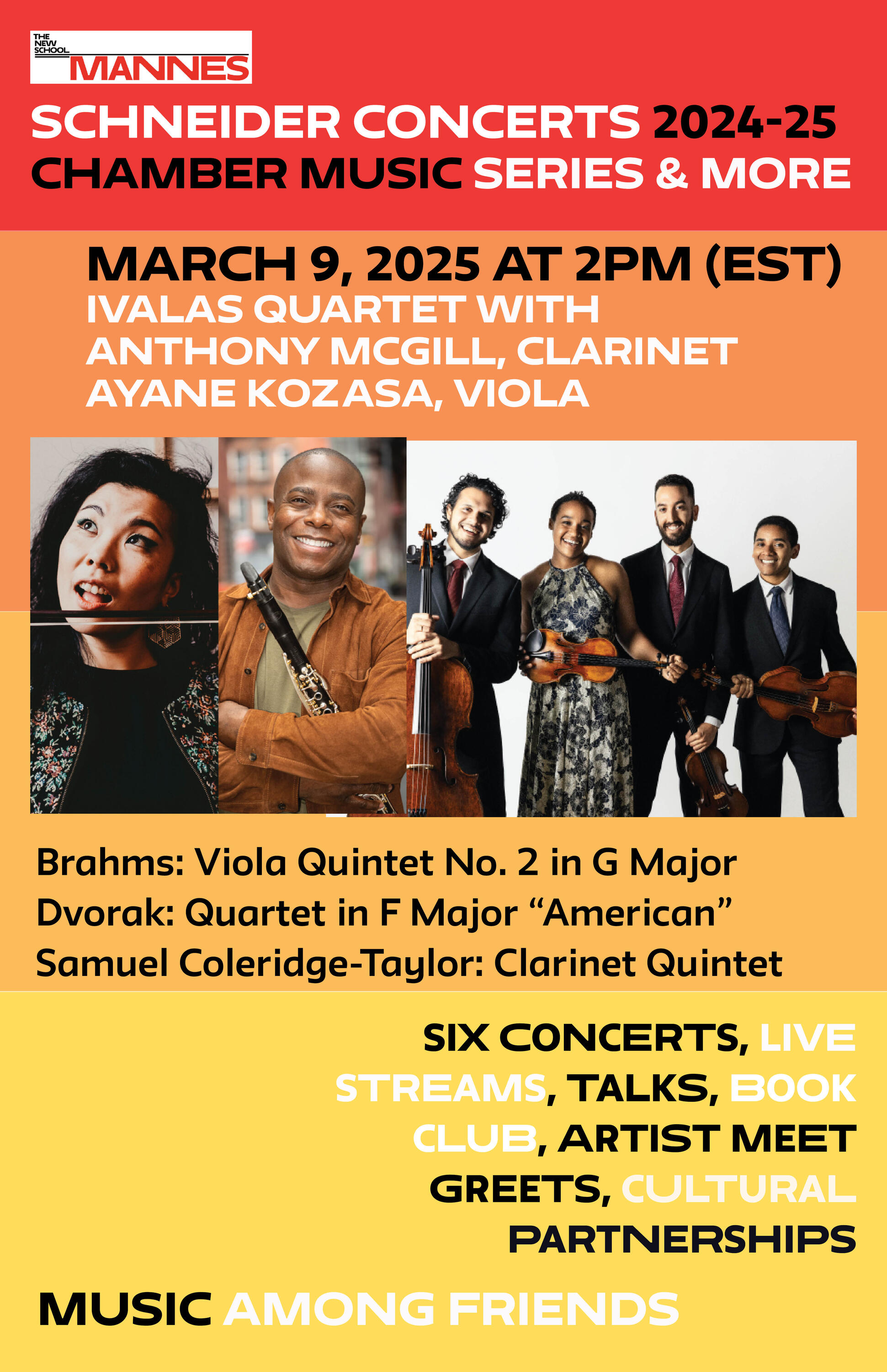 Image of an event poster. Mannes logo top left text announcing Schneider Concerts 2024-25 season and including information found in listing. Image of Erinys Quartet members (Two white women and two white men, holding their instruments, gazing to the right in front of a green background)