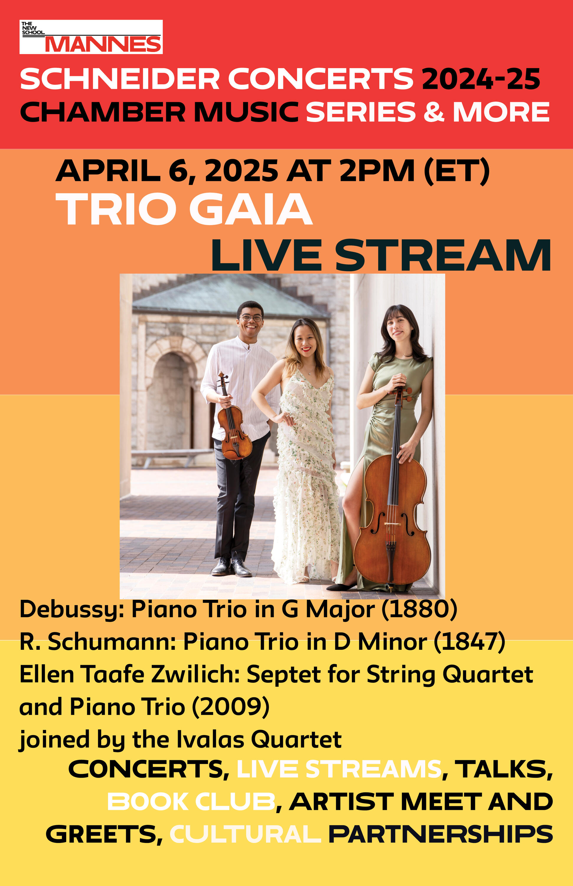 Image of an event poster. Mannes logo top left text announcing Schneider Concerts 2024-25 season and including information found in listing. Image of Erinys Quartet members (Two white women and two white men, holding their instruments, gazing to the right in front of a green background)