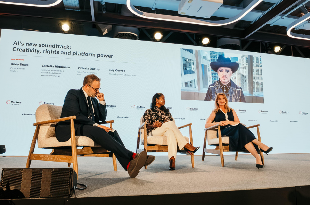 Boy George appears by video during a Reuters NEXT panel on AI, creativity and music rights.