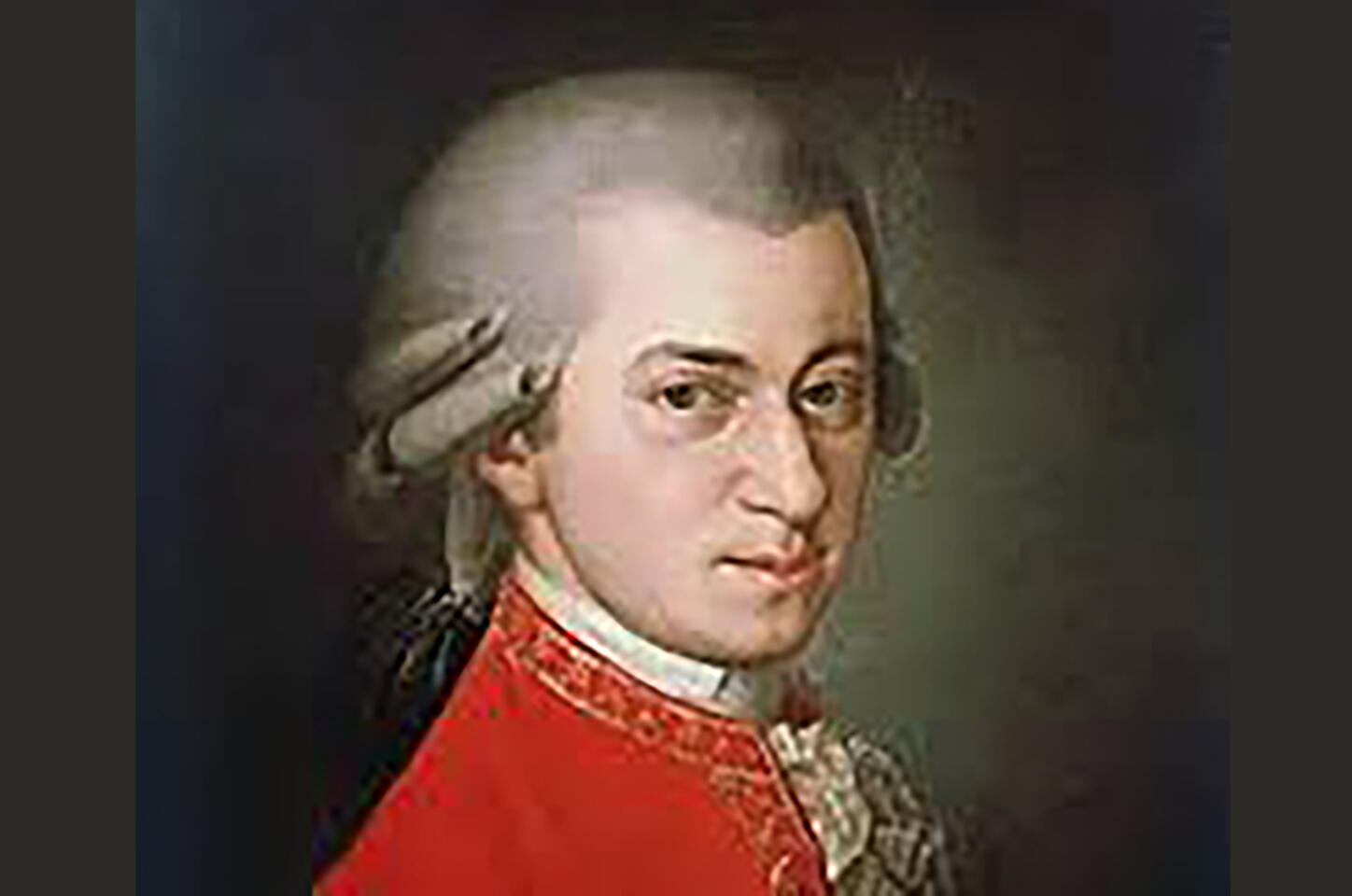 Paining of Mozart (a white man) with gray wig , wearing formal 18th century, red, gold and lace court wear.