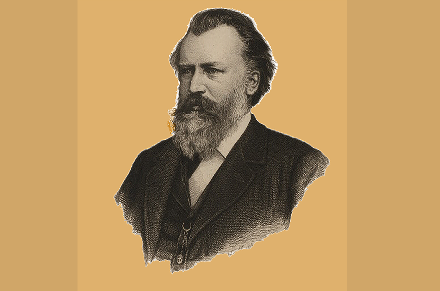 Etching of Johannes Brahms, an older white man with full grey beard and large mustache, wearing a late 19th century suit