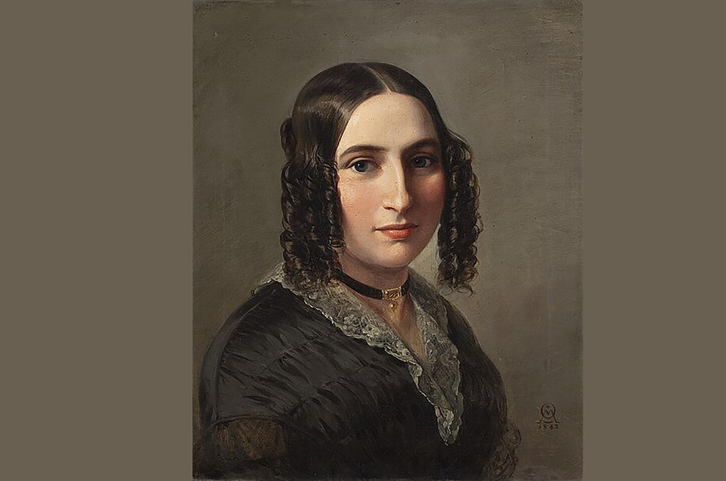 Painting of Fanny Mendelssohn, young white woman with side ringlets wearing a Victorian gown with lace collar