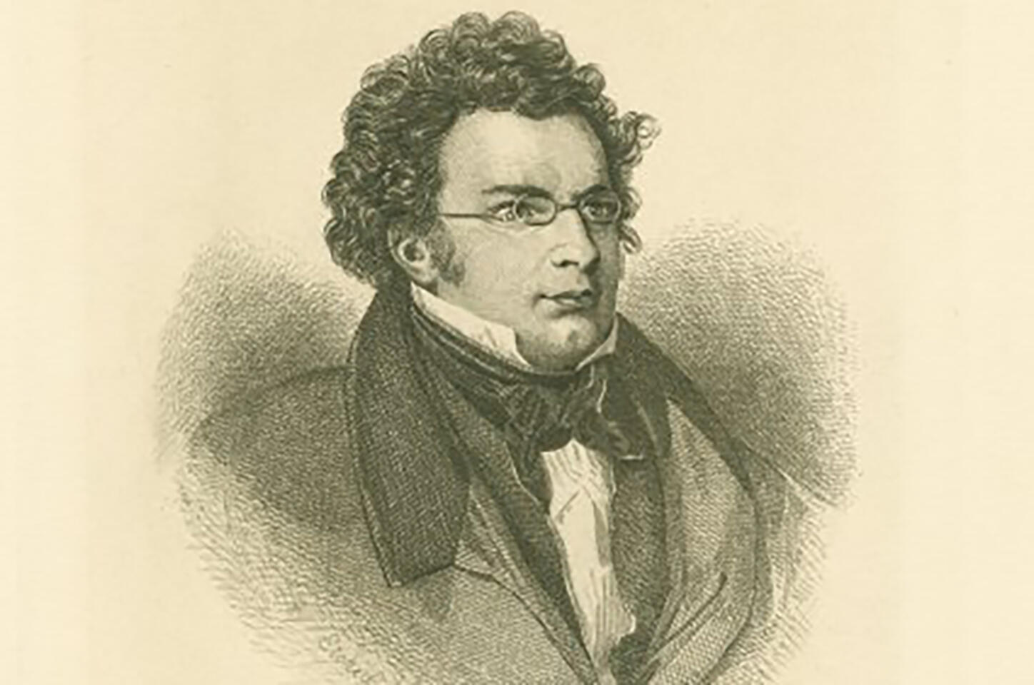 Etching of a bespectacled Schubert, a white man with curly hair, wearing early 19th century cravat, jacket, and overcoat