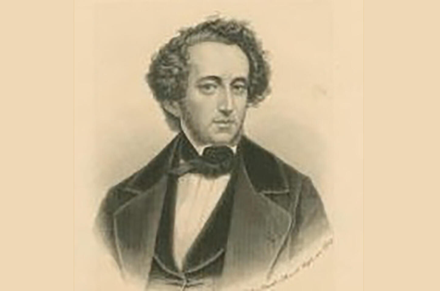 Etching of Felix Mendelssohn, a young. white man with curly hair and small mutton chops,  wearing mid-19th century tie, vest, and coat