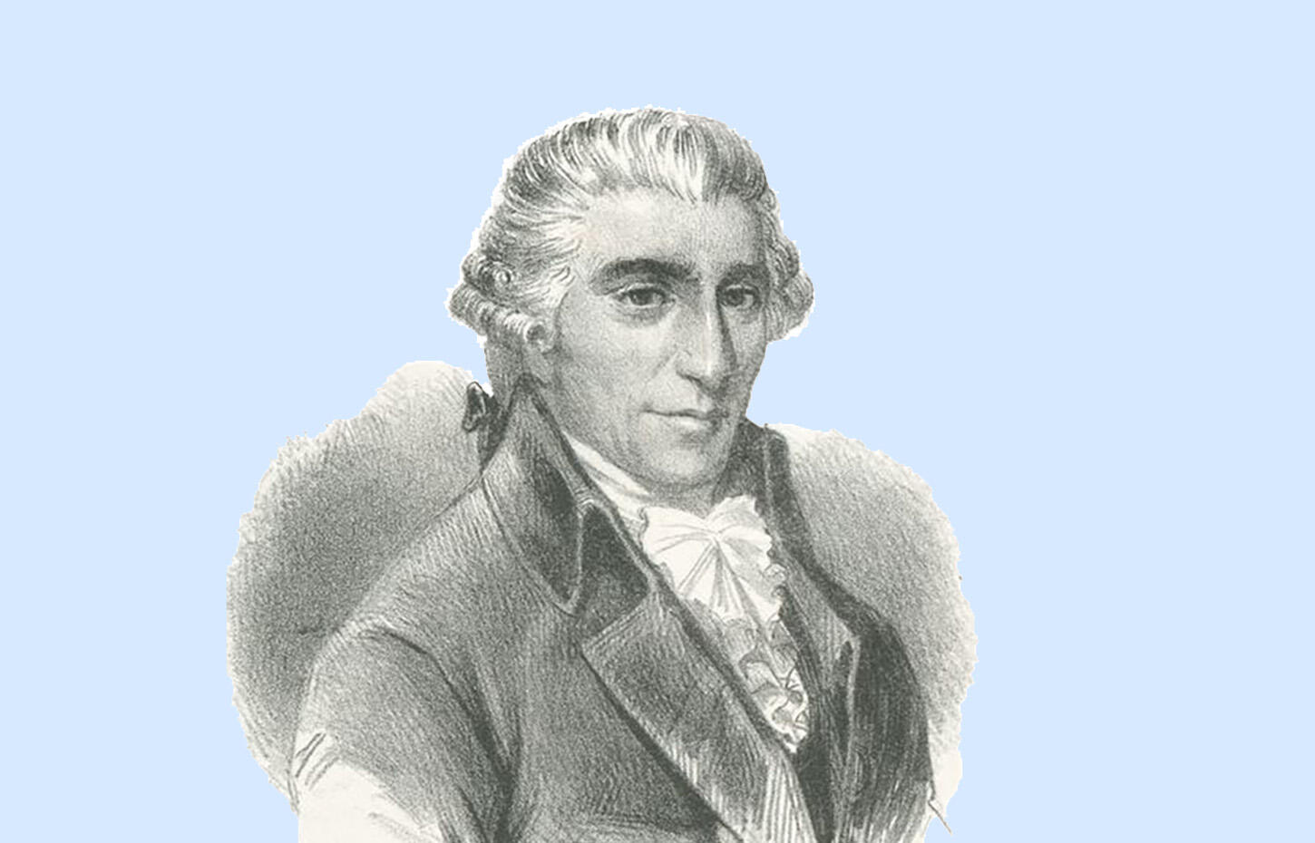 Black and white etching of Haydn (older White man) wearing formal 18th century wig, cravat, and jacket.