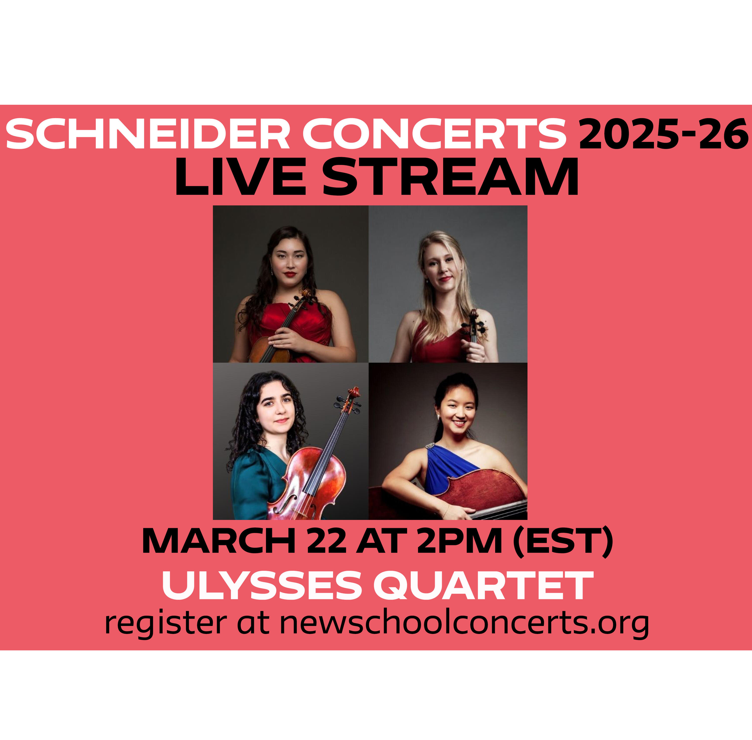 Photo of the members of the Ulysses Quartet standing on a staircase holding instruments. Three woman (2 Asian, 1 White) wear blue gowns. 1 white man wears a suit. The word "livestream" is superimposed over the image.