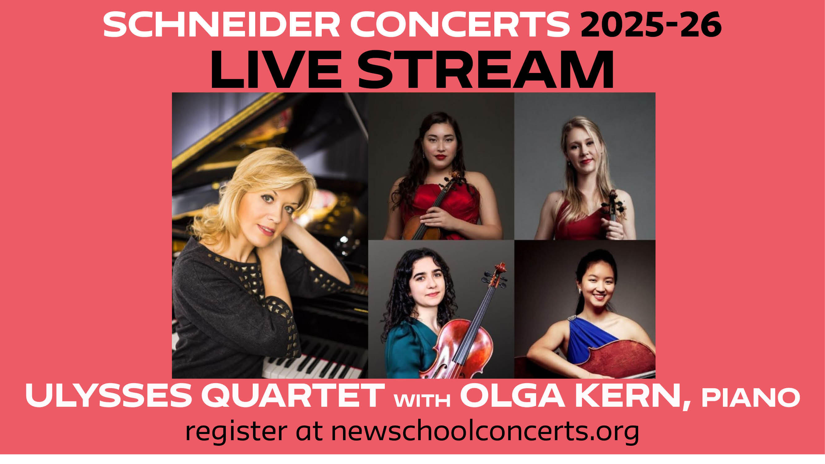 Split photo: Left Olga Kern sits at piano, Right: members of Ulysses Quartet stand on stairway holding instruments The three women (two Asian, one white) wear blue gowns. The white man wears a suit. The word "livestream" is superimposed over the image.