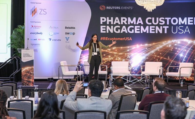 Speaker on stage at Pharma Customer Engagement USA