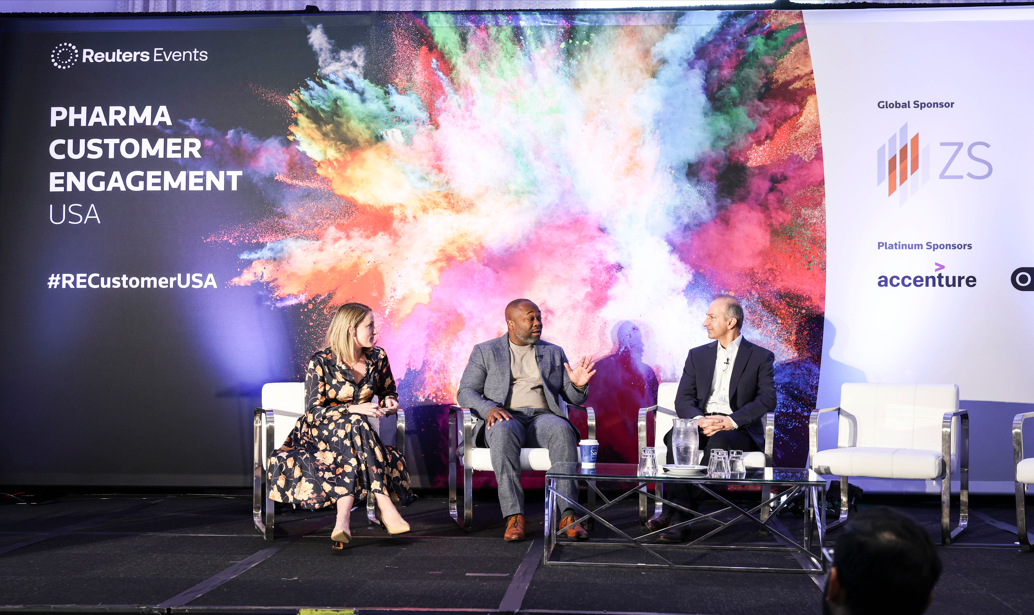 3 panellists onstage at Pharma Customer Engagement USA