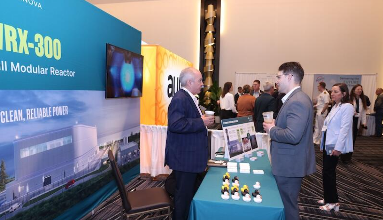 Attendees talk at the BWRX-300 SMR booth, expo hall table with brochures and rubber ducks visible