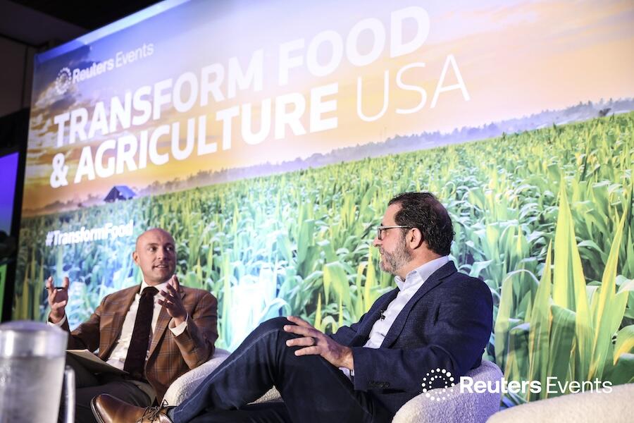 Two people talking on stage  at last years Transform Food & Agriculture USA