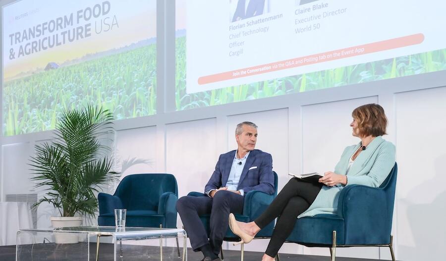 2 people on stage talking  at last years Transform Food & Agriculture USA