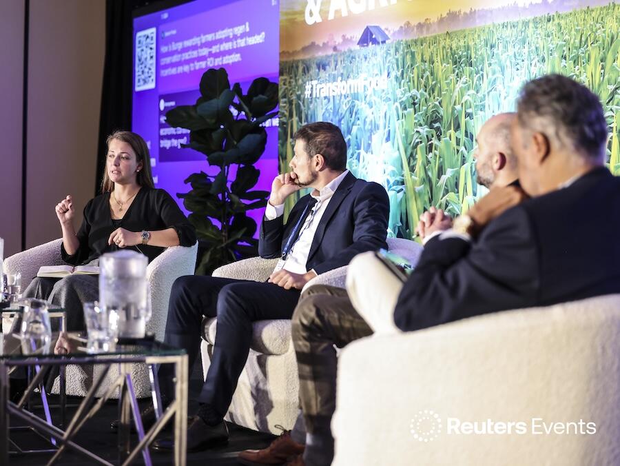 Three people on stage presenting  at last years Transform Food & Agriculture USA