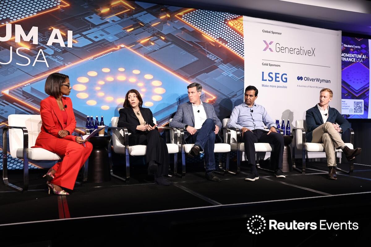 A Photo of 5 speakers on stage speaking  at the Momentum AI Finance USA Event