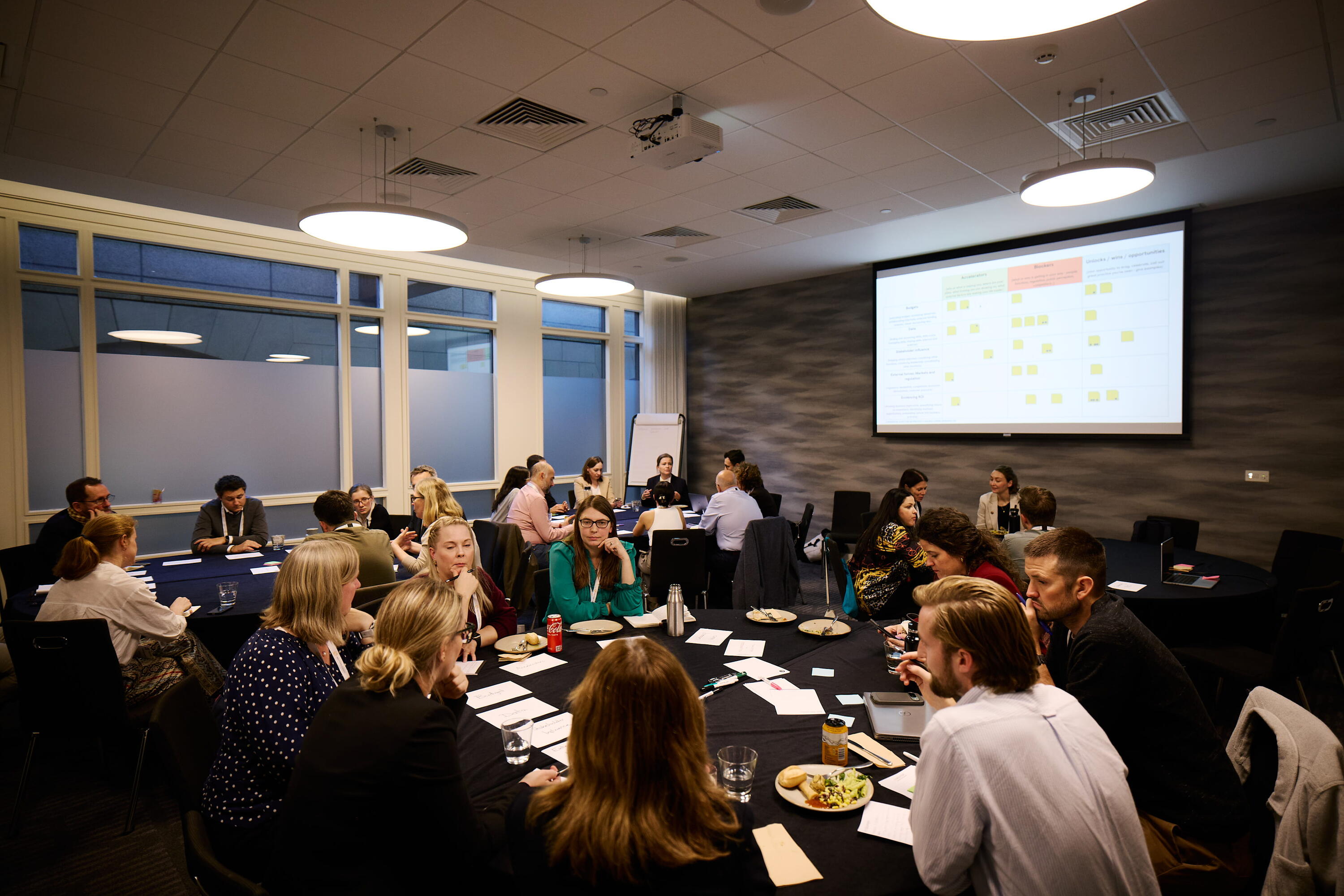 Attendees participate in a group workshop session at round tables with a presentation displayed on a screen at the Reuters Events Sustainability Europe conference.