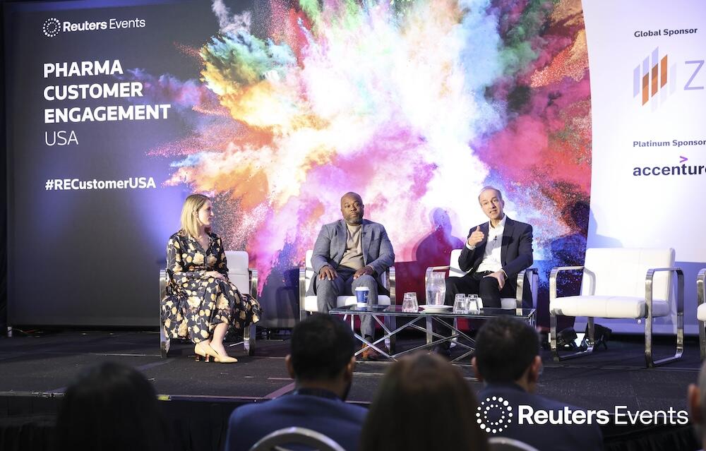 3 people on stage at our Pharma Customer Engagement USA show talking about Personalised customer experience