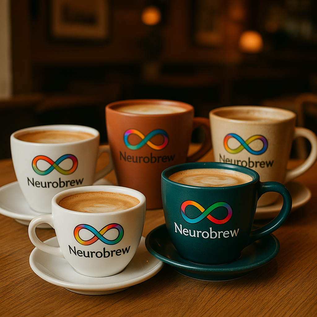 A bunch of coffee cups with the rainbow infinity loop that represents Neurodiversity. Underneath is Neurobrew