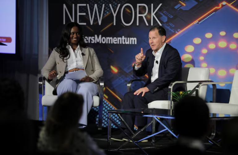 Authentic Brands Founder, Chairman and CEO Jamie Salter speaks with Reuters Correspondent Arriana McLymore in a Reuters NEXT Newsmaker interview at the Momentum AI summit on April 28, 2026, in New York.