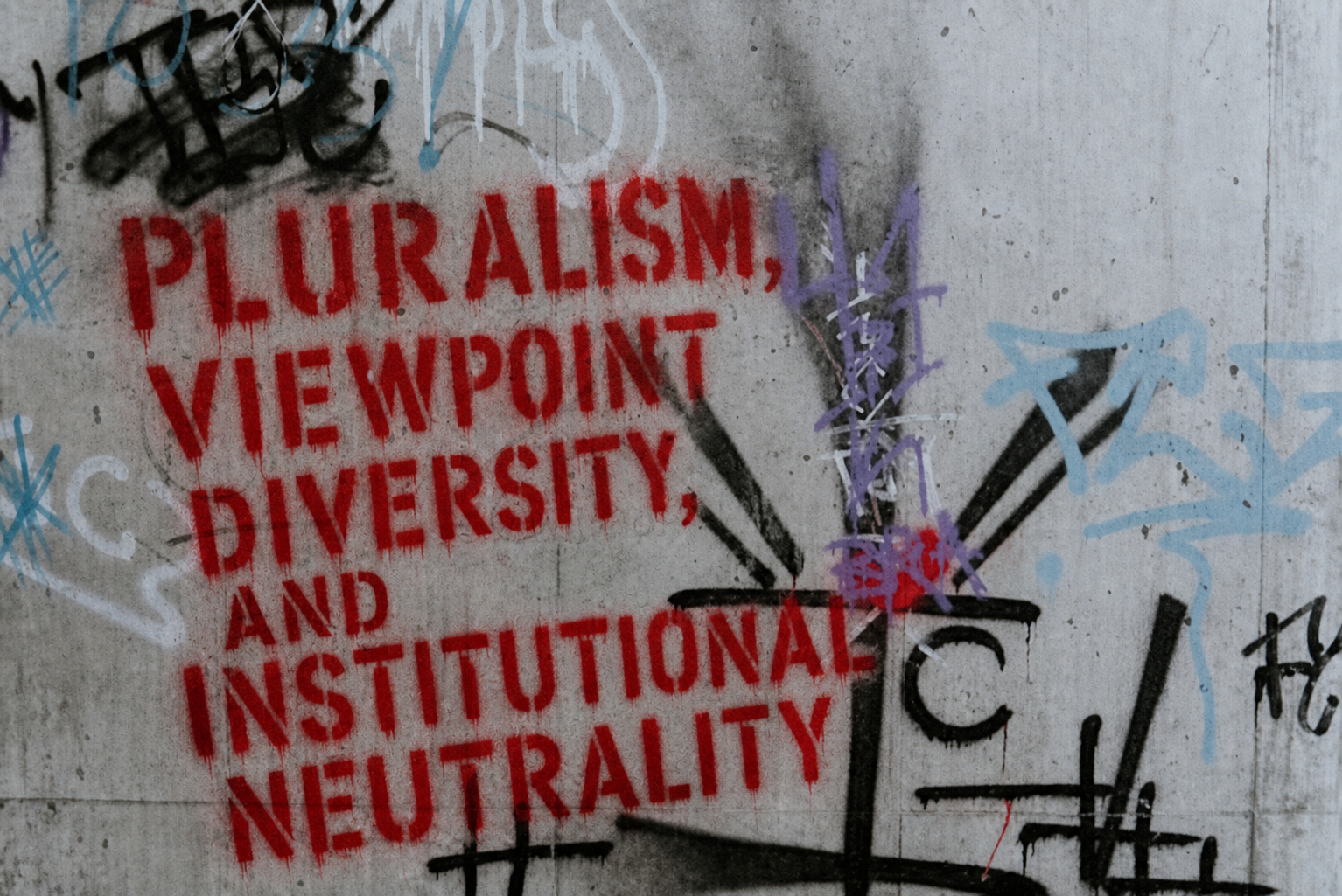 The graffiti reads "PLURALISM, VIEWPOINT DIVERSITY, AND INSTITUTIONAL NEUTRALITY" in red stencil lettering. It is depicted on a concrete wall, surrounded by other black and blue graffiti markings.