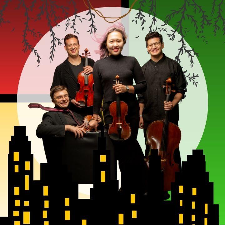 Against a background of yellow, green, and blue blocks with silouhettes of a city skyline and dangling vines, a photo of the Balourdet Quartet