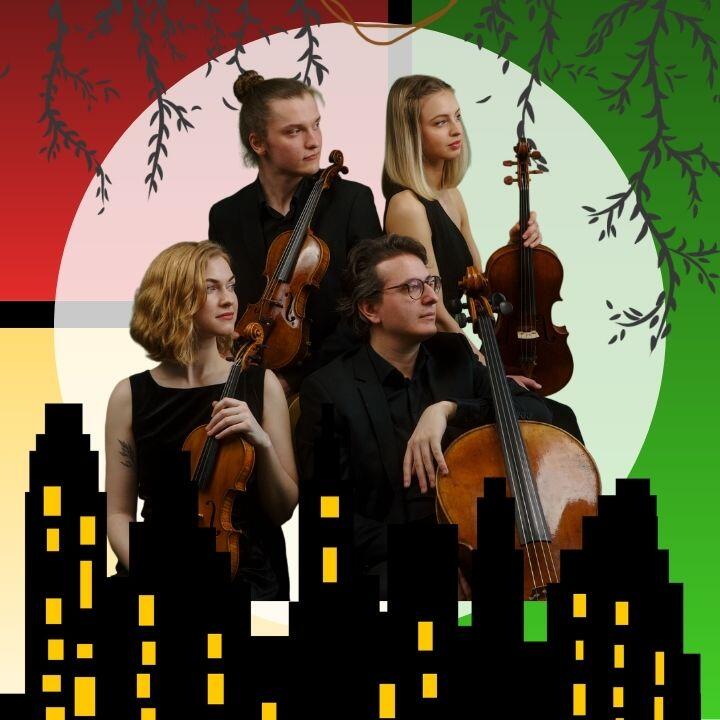 Against a background of yellow, green, and blue blocks with silouhettes of a city skyline and dangling vines, a photo of the Erinys Quartet