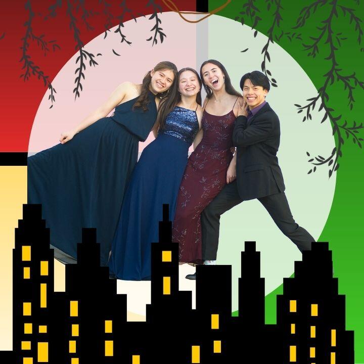 Against a background of yellow, green, and blue blocks with silouhettes of a city skyline and dangling vines, a photo of the Pandan Quartet