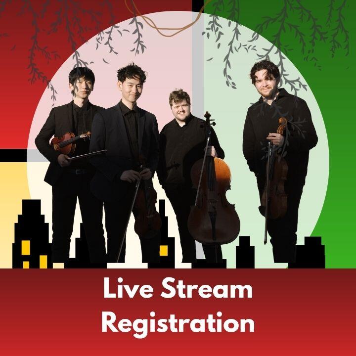 Against a background of yellow, green, and blue blocks with silhouettes of a city skyline and dangling vines, a photo of the Prometheus Quartet and text that reads: livestream