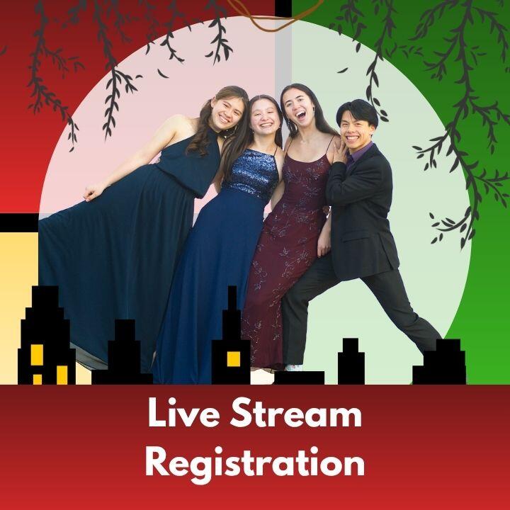 Against a background of yellow, green, and blue blocks with silouhettes of a city skyline and dangling vines, a photo of the ___ Quartet and text that reads: livestream