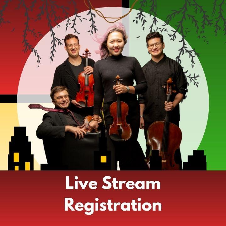 Against a background of yellow, green, and blue blocks with silouhettes of a city skyline and dangling vines, a photo of the Balourdet Quartet and text that reads: livestream
