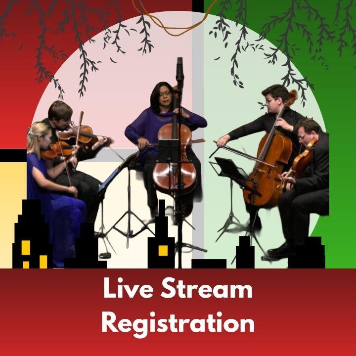 Against a background of yellow, green, and blue blocks with silouhettes of a city skyline and dangling vines, a photo of the Balourdet Quartet playing with Astrid Schween and text that reads: livestream