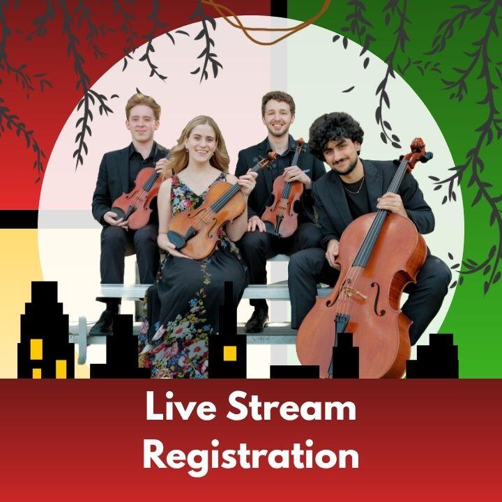 Against a background of yellow, green, and blue blocks with silouhettes of a city skyline and dangling vines, a photo of the Fiammetta Quartet and text that reads: livestream