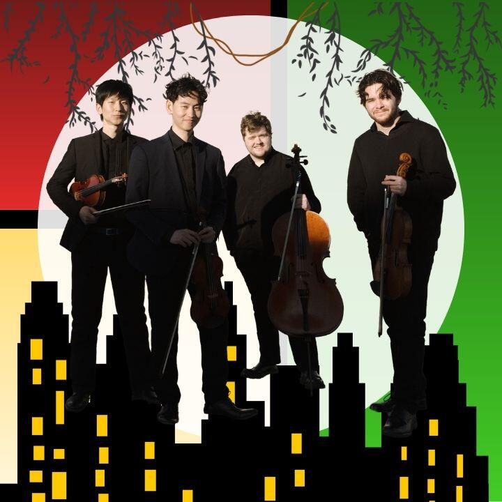 Against a background of yellow, green, and blue blocks with silhouettes of a city skyline and dangling vines, a photo of the Prometheus Quartet