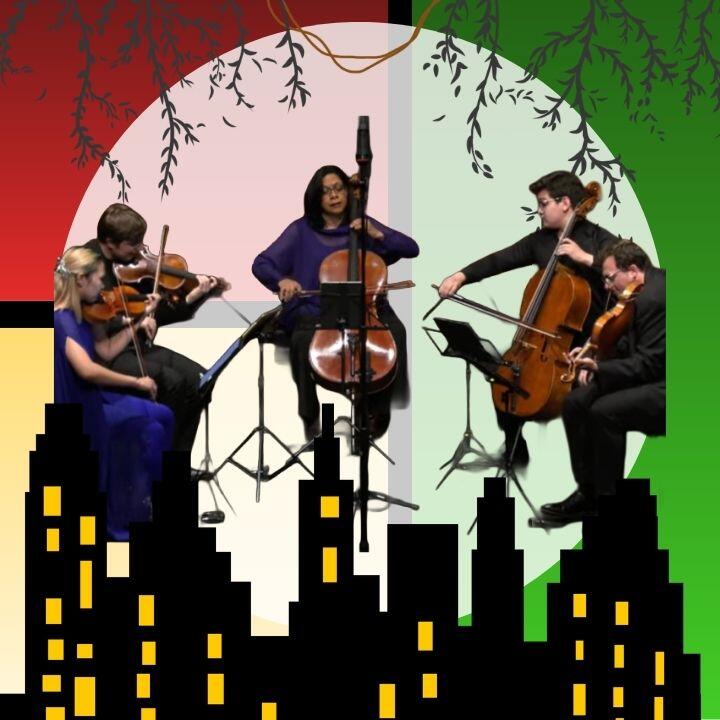 Against a background of yellow, green, and blue blocks with silhouettes of a city skyline and dangling vines, a photo of the Balourdet Quartet and cellist Astrid Schween