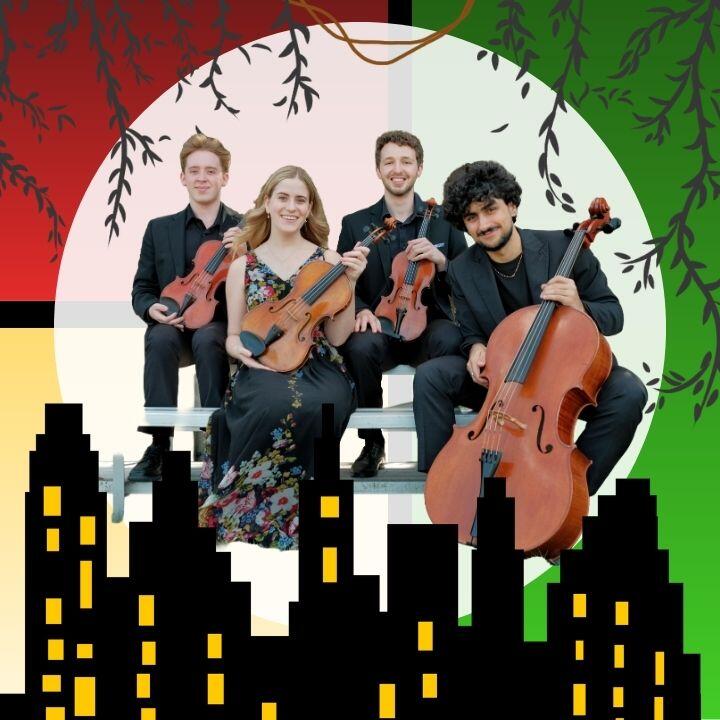 Against a background of yellow, green, and blue blocks with silouhettes of a city skyline and dangling vines, a photo of the Fiammetta Quartet