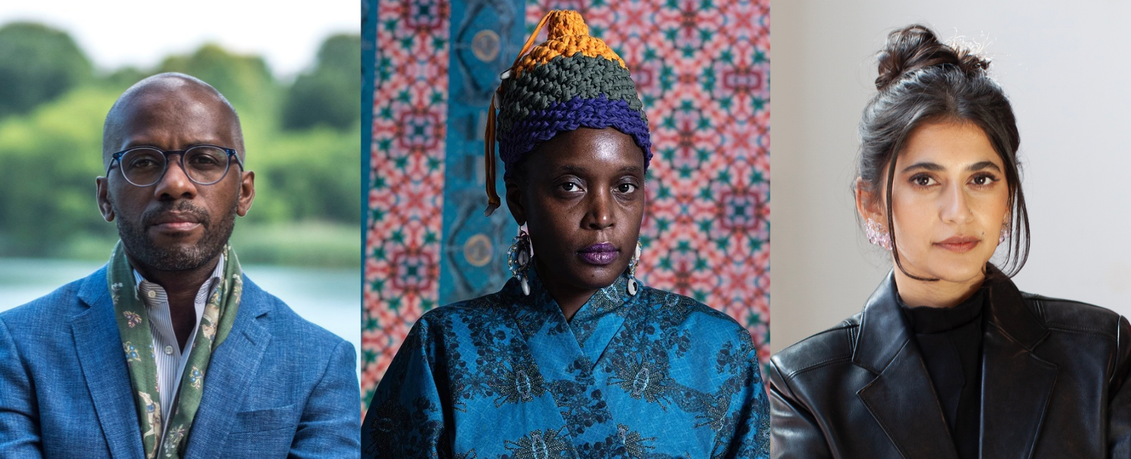 Three photo portraits side-by-side, from left to right. A Black man wearing glasses, a patterned scarf and a blue blazer in front of a lake. Second, a Black woman wearing a tri-color woven hat, cowrie shell earrings, and an embroidered-blue blouse in front of a bright geometric backdrop. And last, a South Asian Woman in a leather jacket; her hair tied up in a bun, with long bangs framing her face.